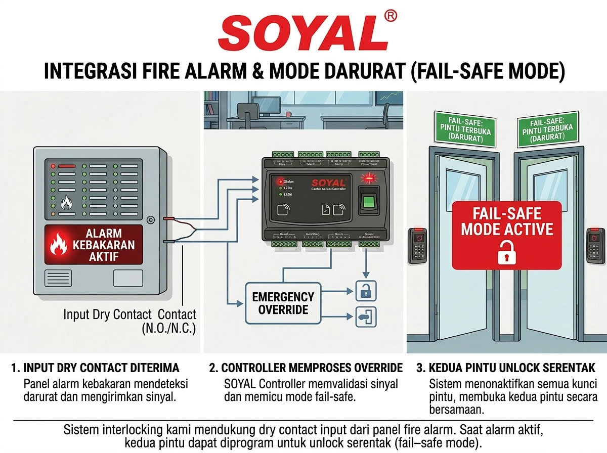 Sistem interlocking kami mendukung dry contact input dari panel fire alarm. Saat alarm aktif, kedua pintu dapat diprogram untuk unlock serentak (fail-safe mode