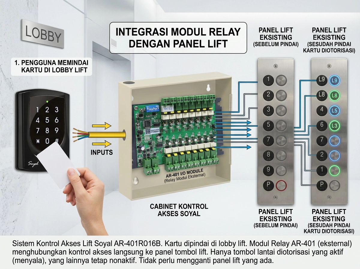 Gambar Soyal Elevator Access Control - 5-4 - AR-401-IO - kontrol lift - Integrasi Modul Relay dengan Panel Lift