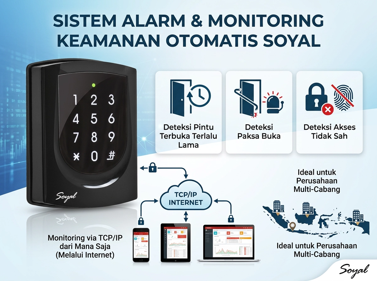 Solusi RFID Card Access Control yang menggambarkan - Sistem alarm dan monitoring otomatis